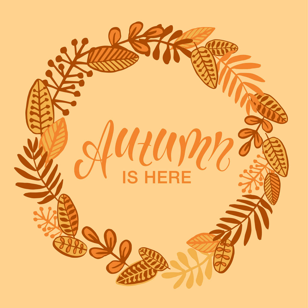 Autumn is here! Modern calligraphy and autumnal wreath. - Vector, Image
