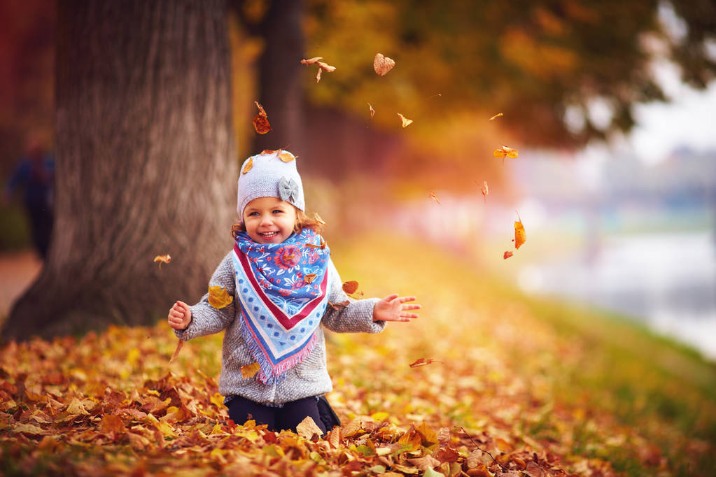 αξιολάτρευτο μωρό ευτυχισμένο κορίτσι διασκεδάζοντας σε πεσμένα φύλλα, παίζοντας στο πάρκο φθινόπωρο - Φωτογραφία, εικόνα
