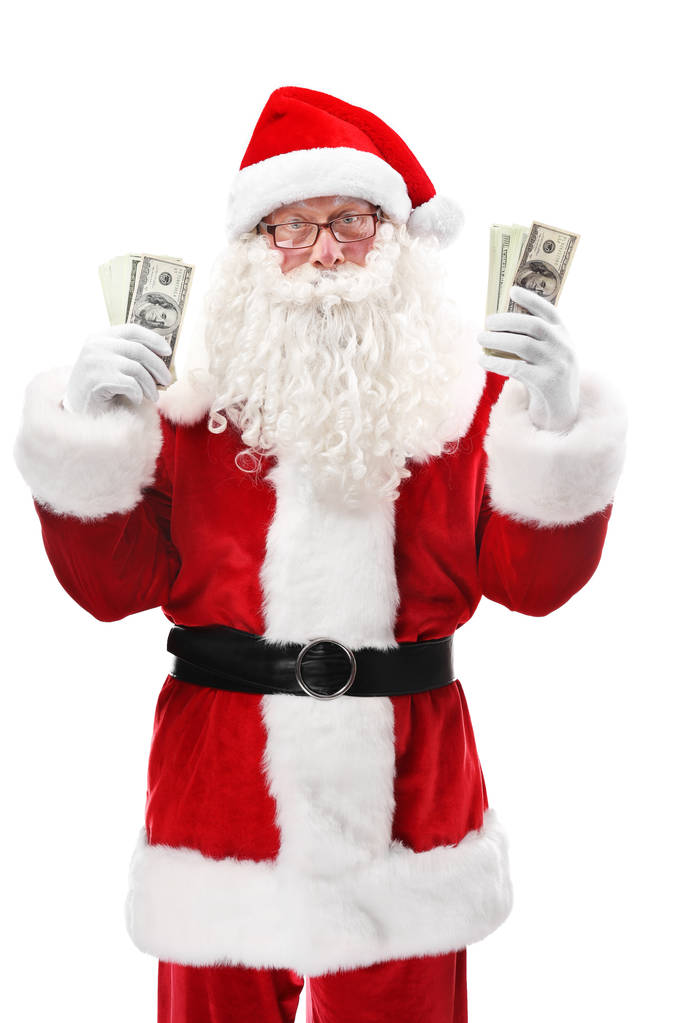 Santa Claus aanhouden van geld op witte achtergrond - Foto, afbeelding