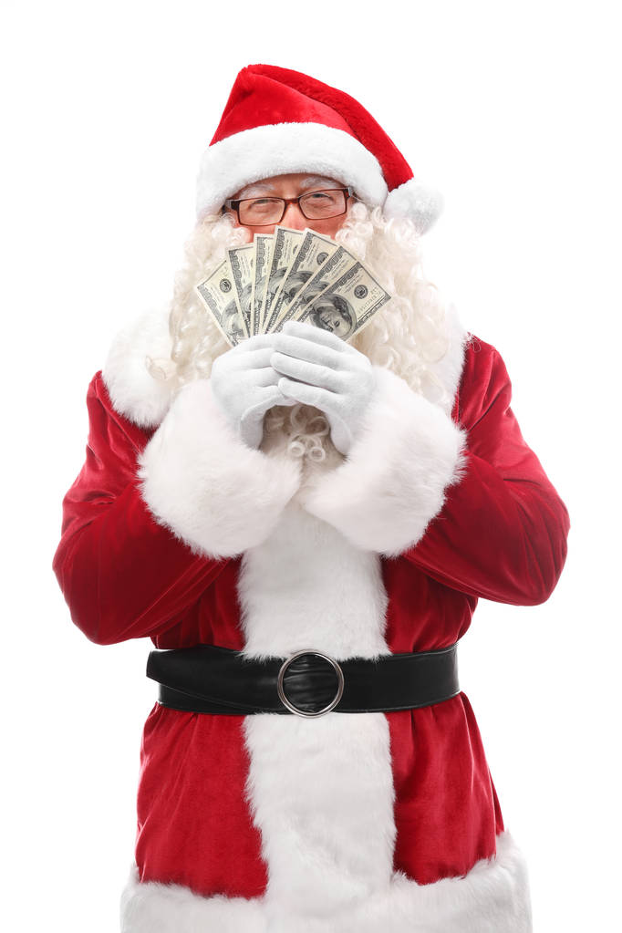 Санта-Клаус держит деньги на белом фоне
 - Фото, изображение