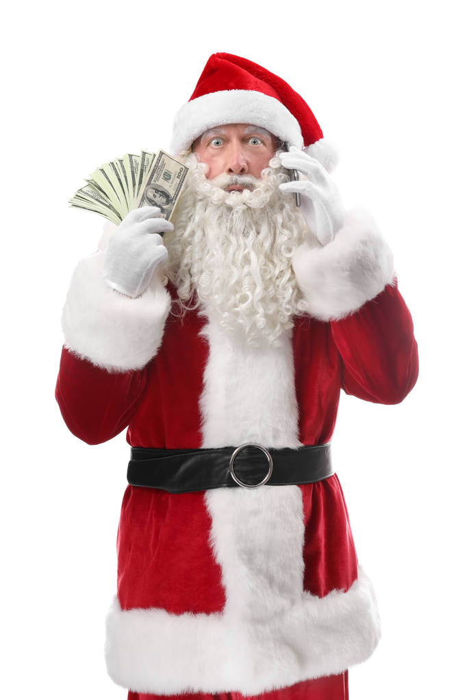 Papai Noel segurando dinheiro e falando no telefone contra fundo branco
 - Foto, Imagem