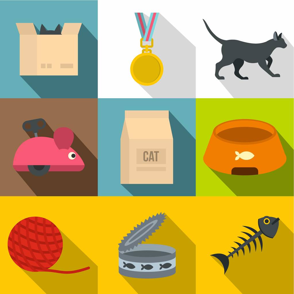 Set di icone per la cura del gatto, stile piatto
 - Vettoriali, immagini