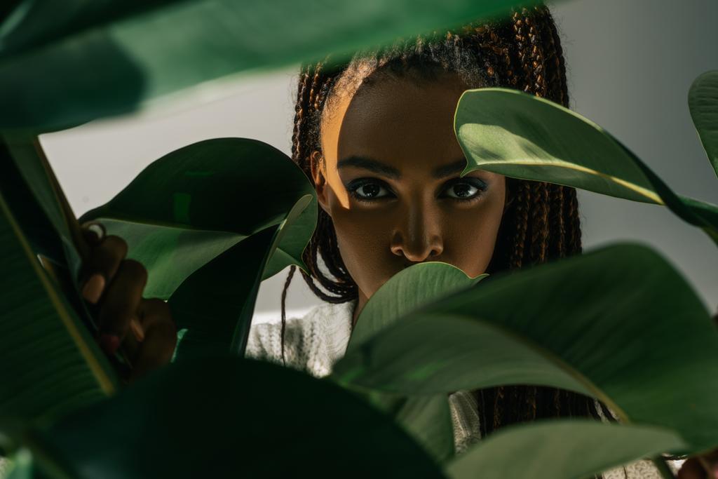 afro-américaine fille avec feuilles vertes
 - Photo, image