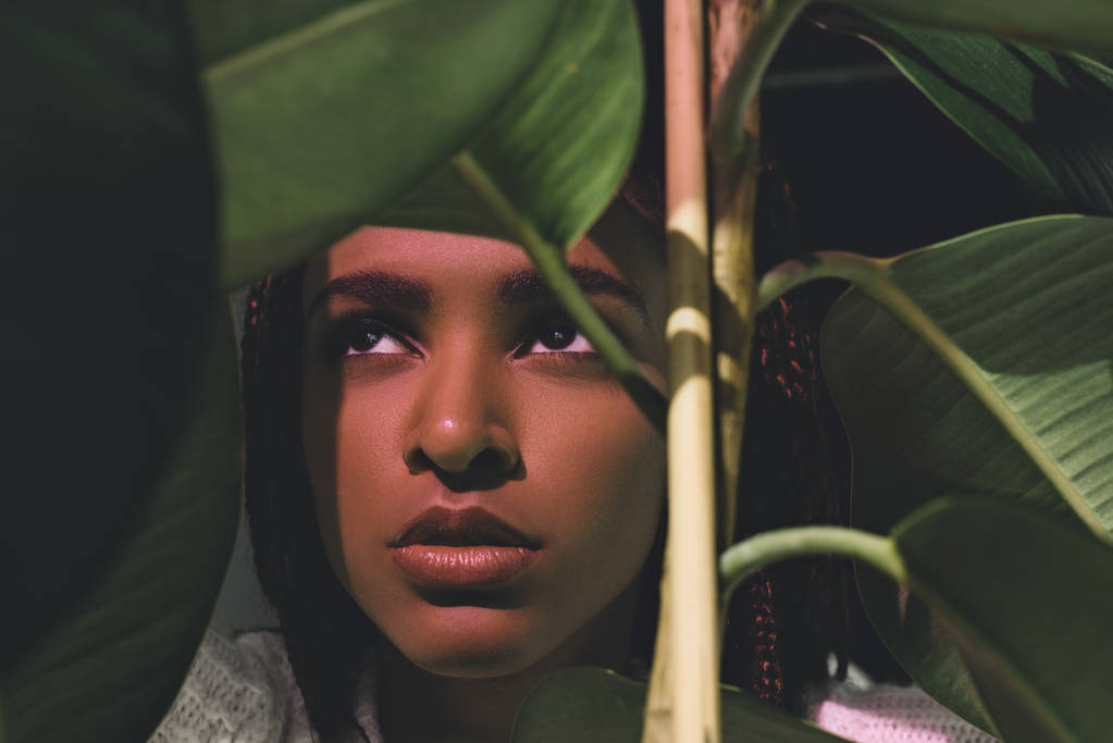 chica afroamericana con hojas verdes
 - Foto, Imagen