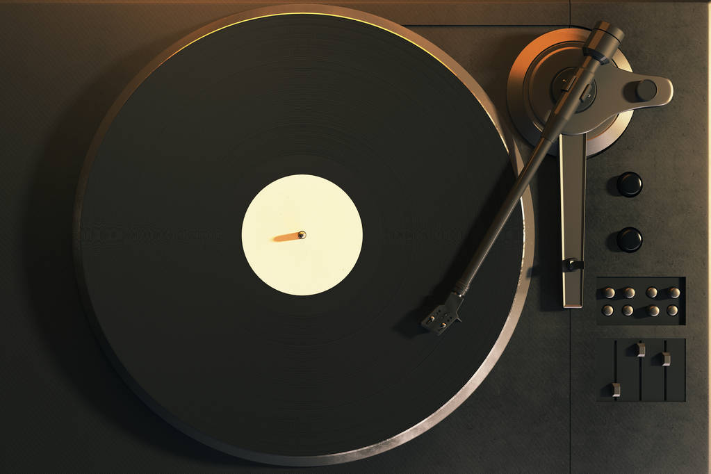 Hráč, vinyl gramofon. Retro audio zařízení pro diskžokeje. Zvuková technika pro Dj mix & hrát hudbu. Zblízka a pohled shora. 3D vykreslování - Fotografie, Obrázek