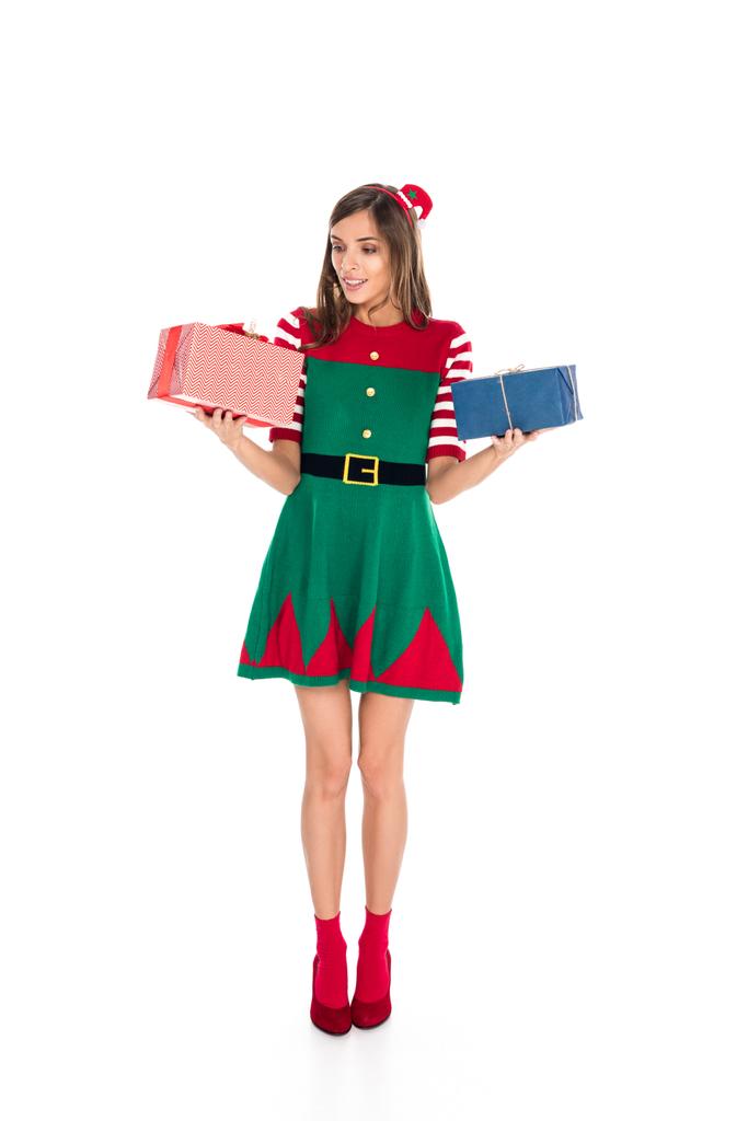 woman in elf costume with presents - Photo, Image
