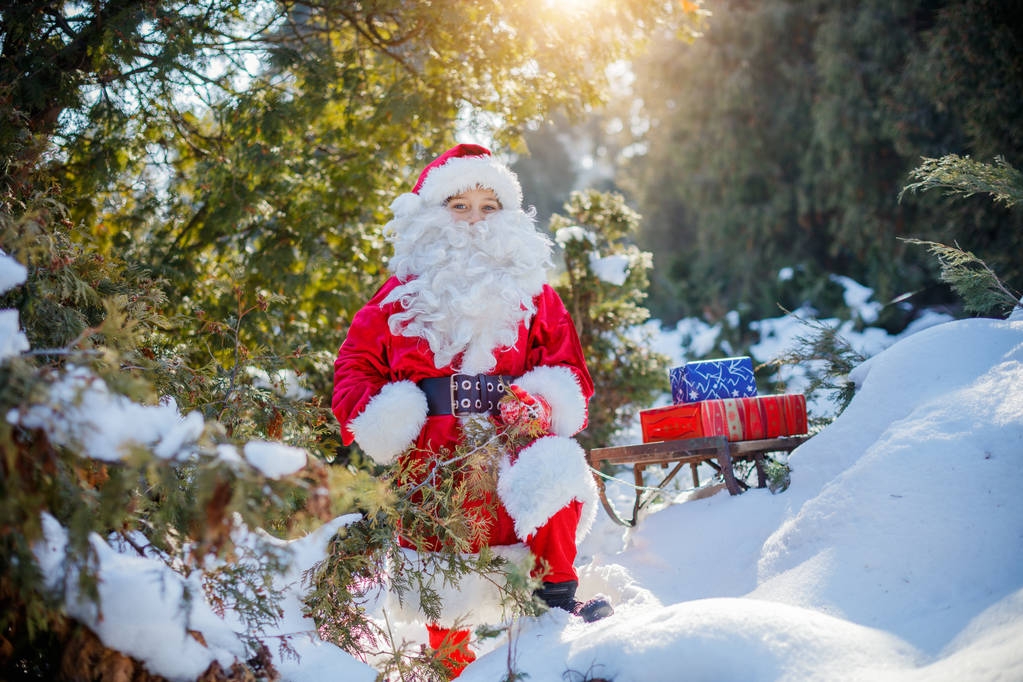 Pequeño Papá Noel llevando regalos a través de un bosque de invierno
 - Foto, imagen