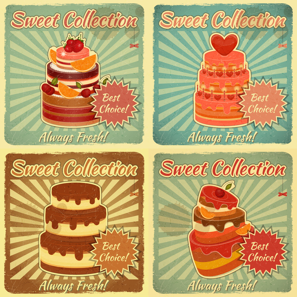 Set of Retro Cards with Cake - Vector, Image