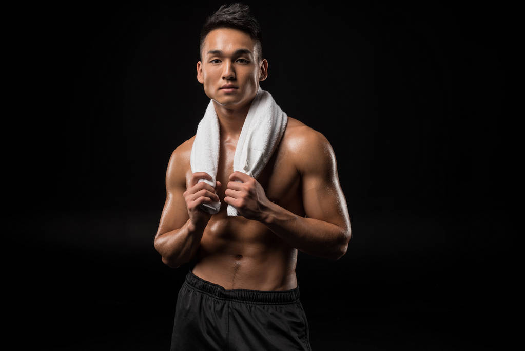 muscular asian man with towel - Photo, Image