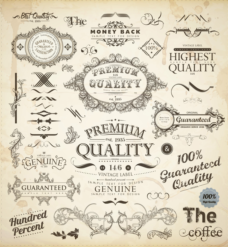 Set vettoriale di elementi di design calligrafico: decorazione della pagina, Premium Quality e Satisfaction Guarantee Label, cornici antiche e barocche
 - Vettoriali, immagini