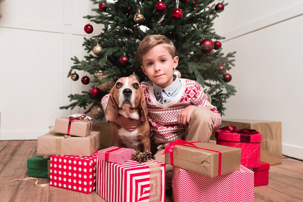 αγόρι με το σκυλί κάτω από το χριστουγεννιάτικο δέντρο - Φωτογραφία, εικόνα