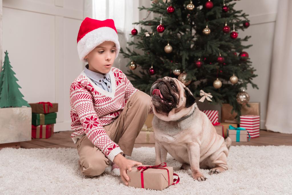 Noel hediye ve pug çocuk - Fotoğraf, Görsel