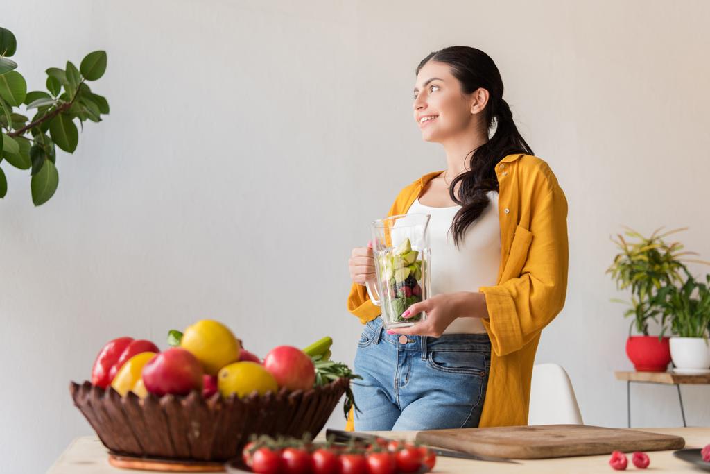 woman with glass jar with fresh food - Photo, Image