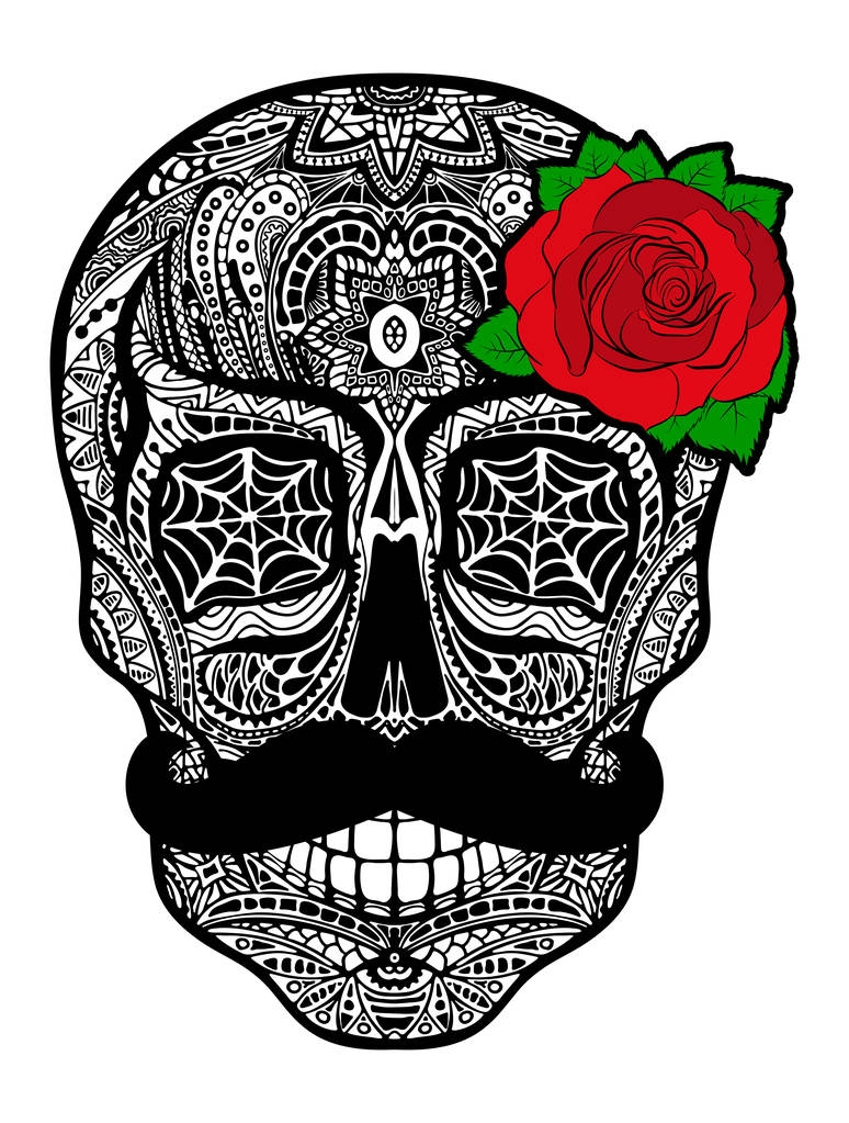 Teschio del tatuaggio con baffi e rosa, illustrazione in bianco e nero su sfondo bianco, Giorno del simbolo morto
. - Vettoriali, immagini