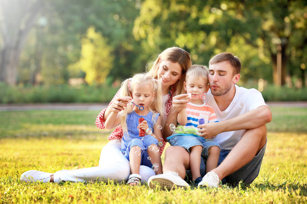 glückliche Familie bläst an sonnigem Tag Seifenblasen im Park - Foto, Bild