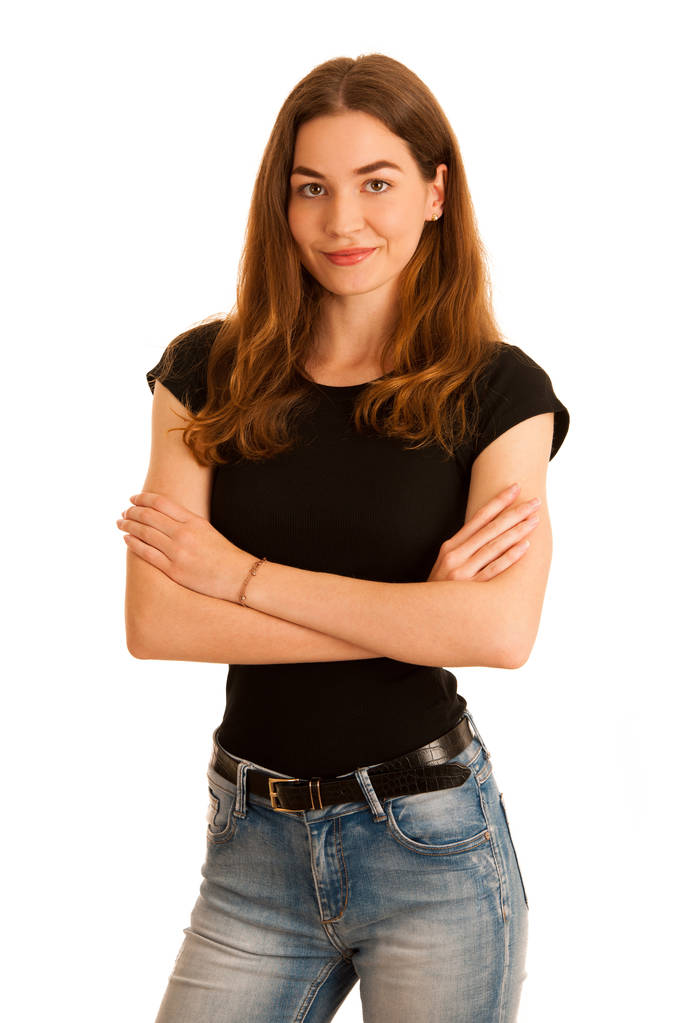 attractive young woman in jeans and black t shirt isolated over  - Photo, Image