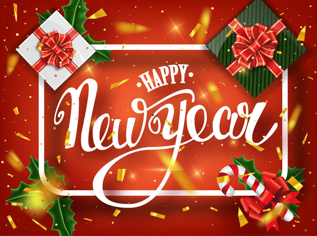 Feliz Año Nuevo tarjeta de felicitación de letras para las vacaciones. El confeti dorado cae. Cartas de caligrafía Año Nuevo. Ilustración vectorial EPS10
 - Vector, Imagen