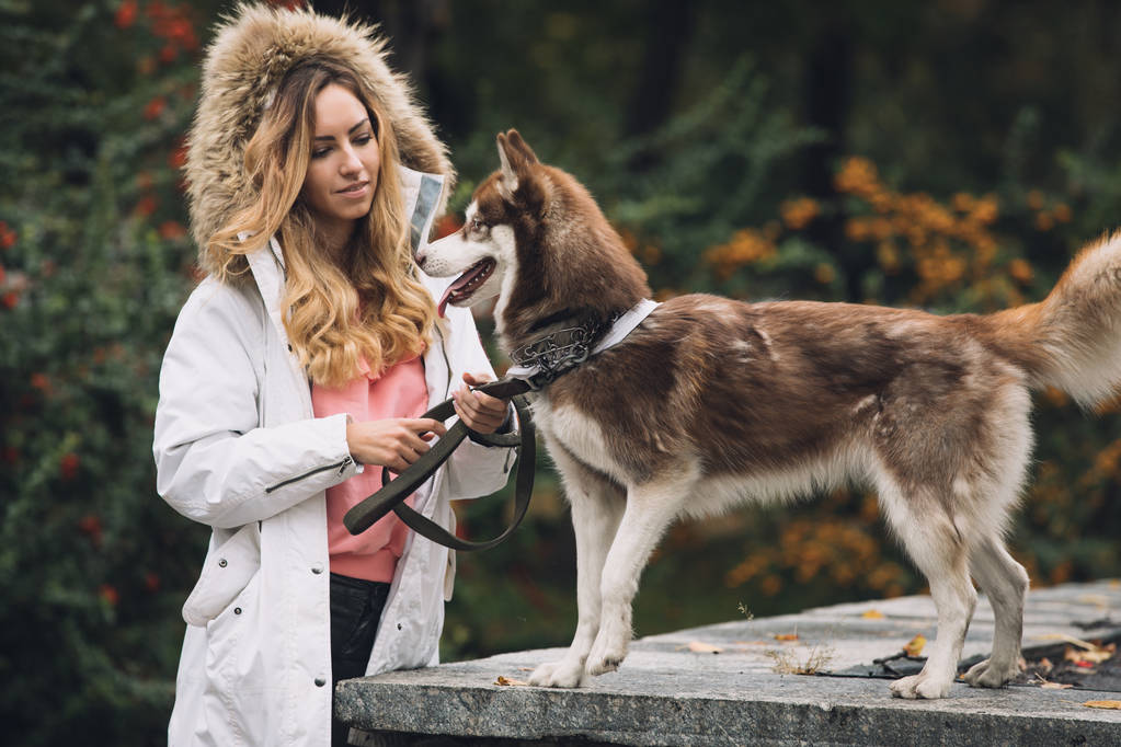 Woman with her dog in park at autumn - Photo, Image