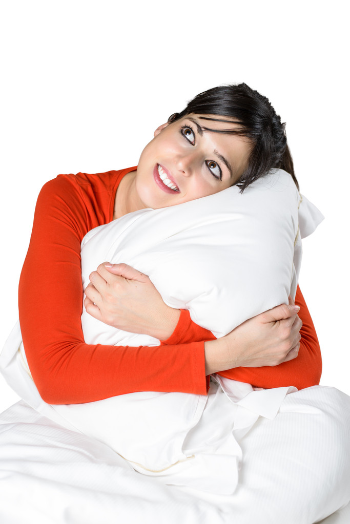 Confortable femme heureuse au lit isolé
 - Photo, image
