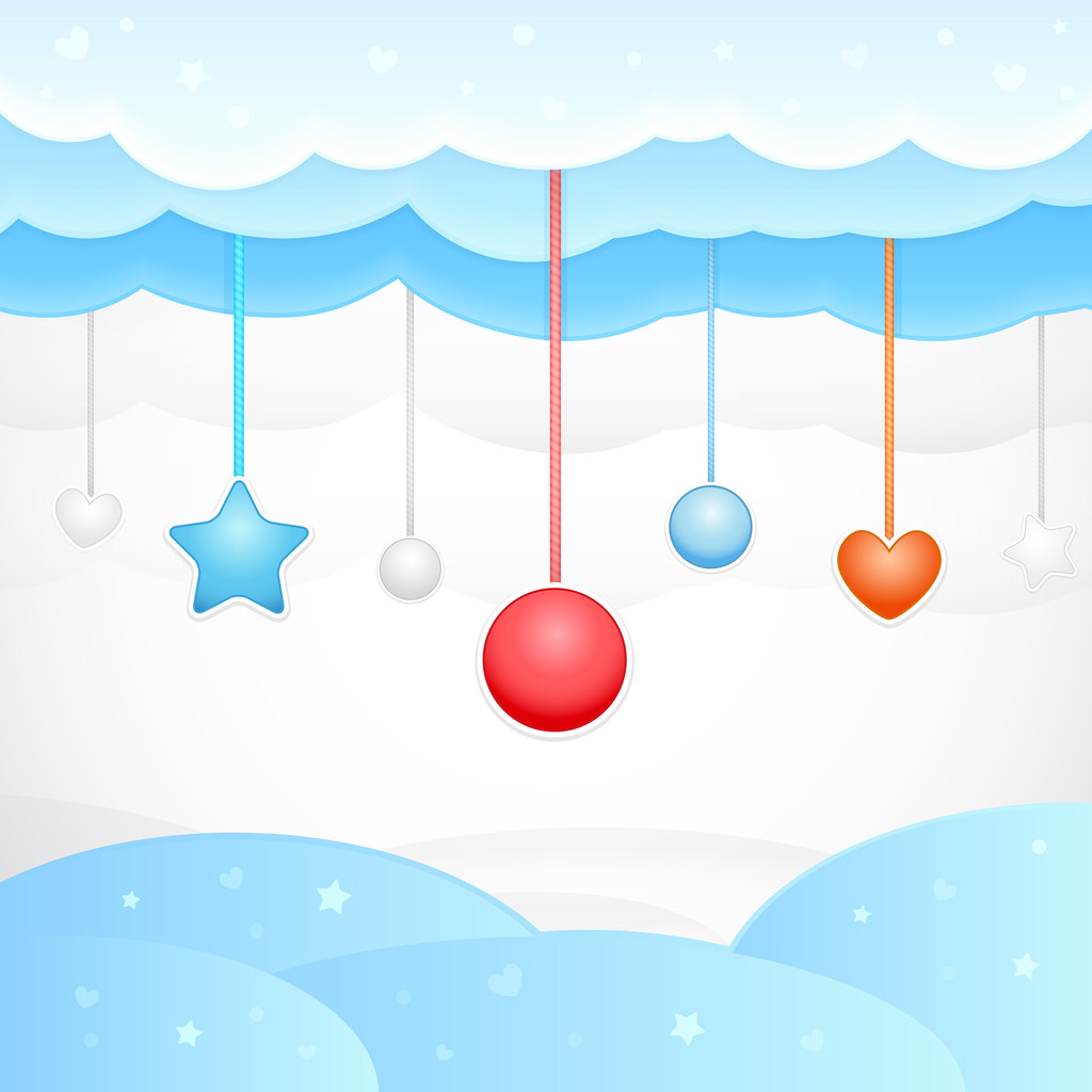 Vector blue background with clouds and christmas decorations - Vector, Image