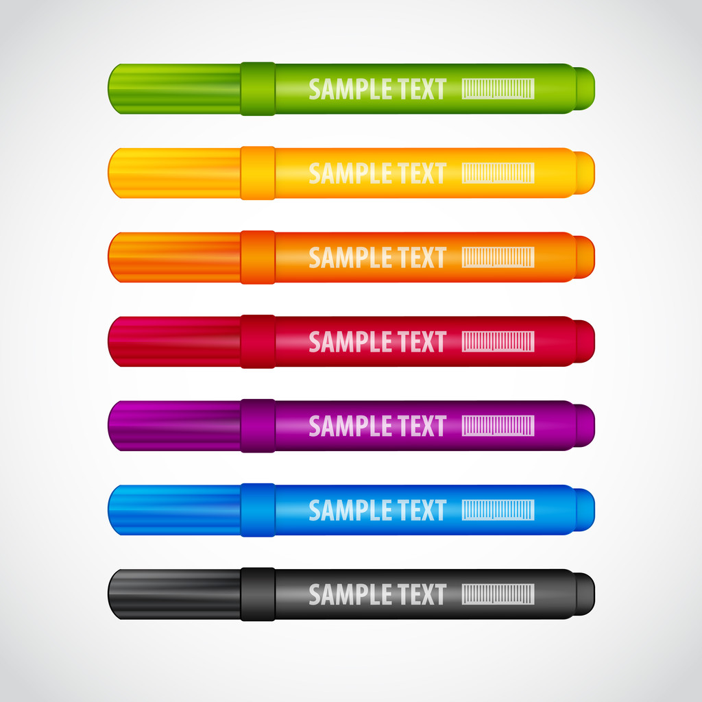 Set of multi-coloured felt-tip pens: six colours of a rainbow and black - Vector, Image