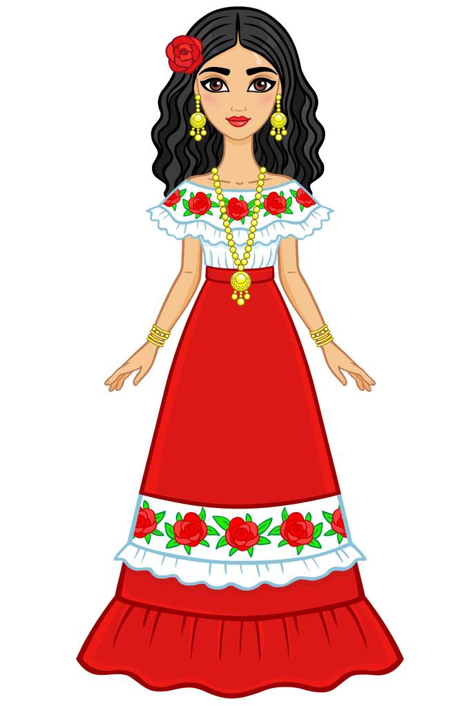 Анімація портрет красиві мексиканські дівчиною в стародавній одяг. Повний ріст. Векторні ілюстрації, ізольовані на білому фоні. - Вектор, зображення