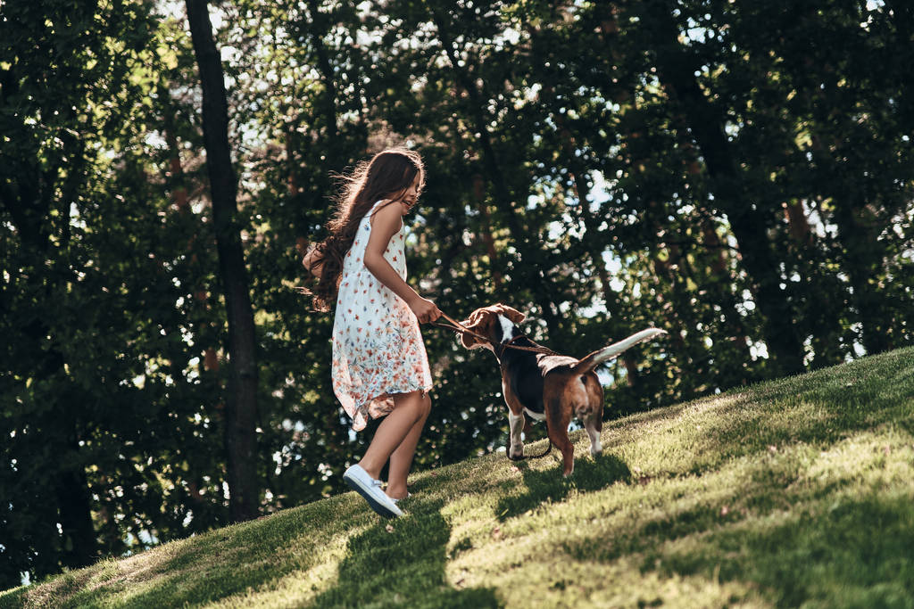 Ευτυχισμένος κορίτσι παίζει με το σκύλο Μπιγκλ - Φωτογραφία, εικόνα