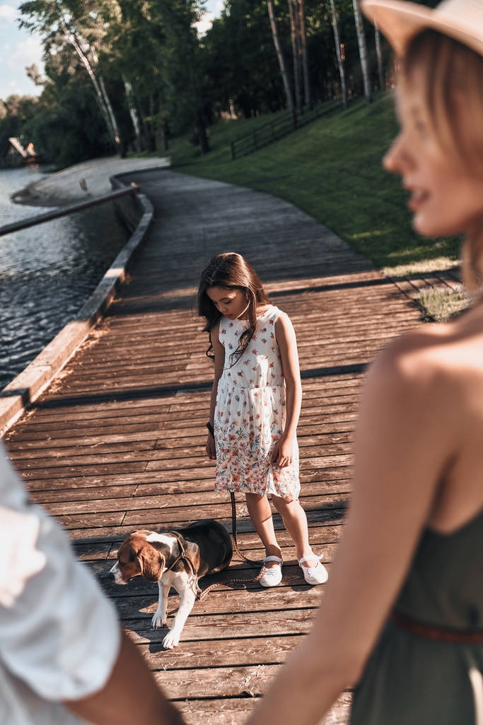 menina com cão beagle
  - Foto, Imagem