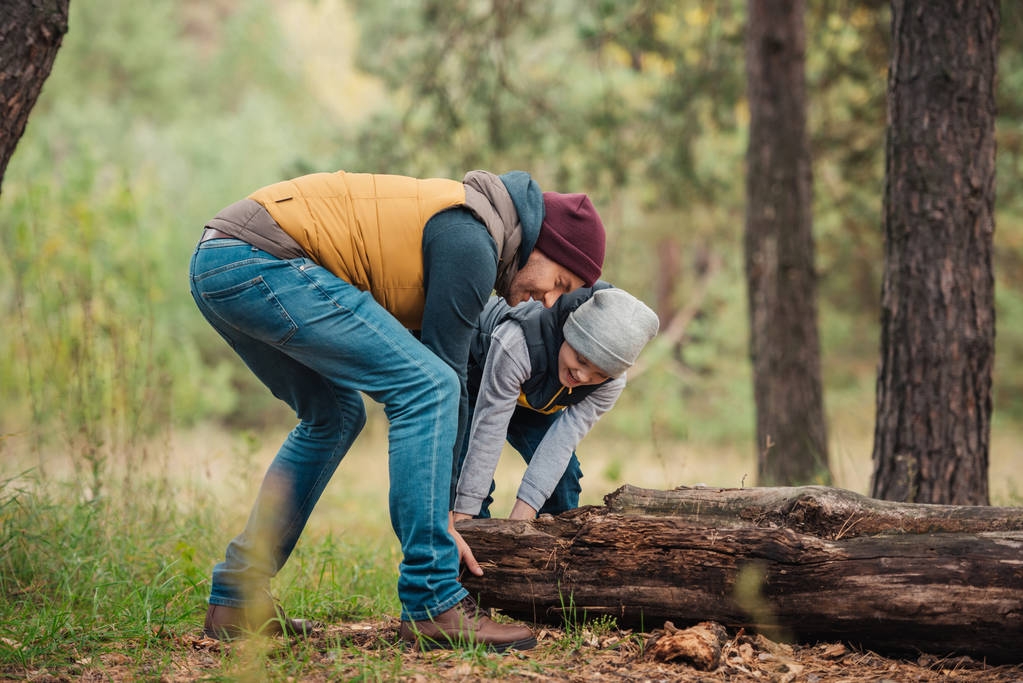 padre e hijo moviendo tronco en el bosque
 - Foto, imagen