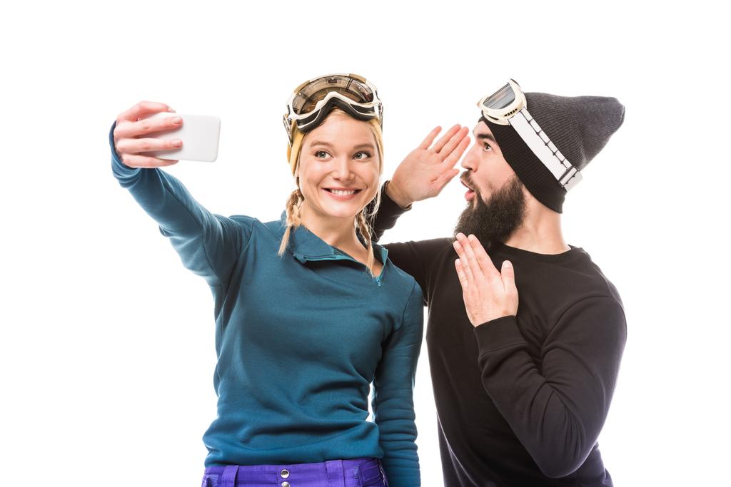 snowboarders tomando selfie
 - Foto, Imagem