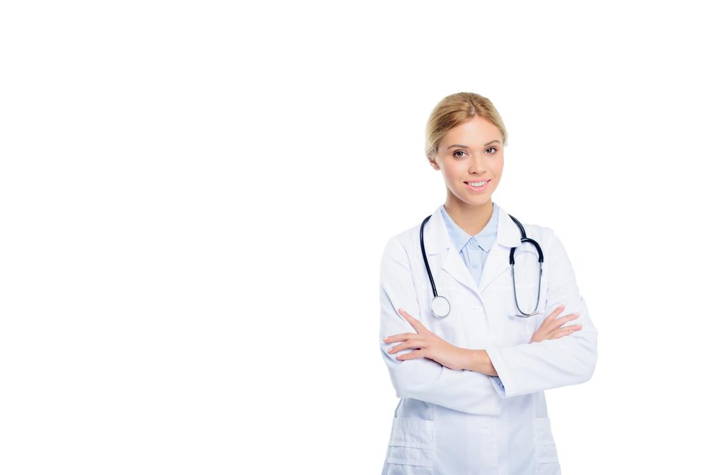 női orvos keresztezett karokkal - Fotó, kép