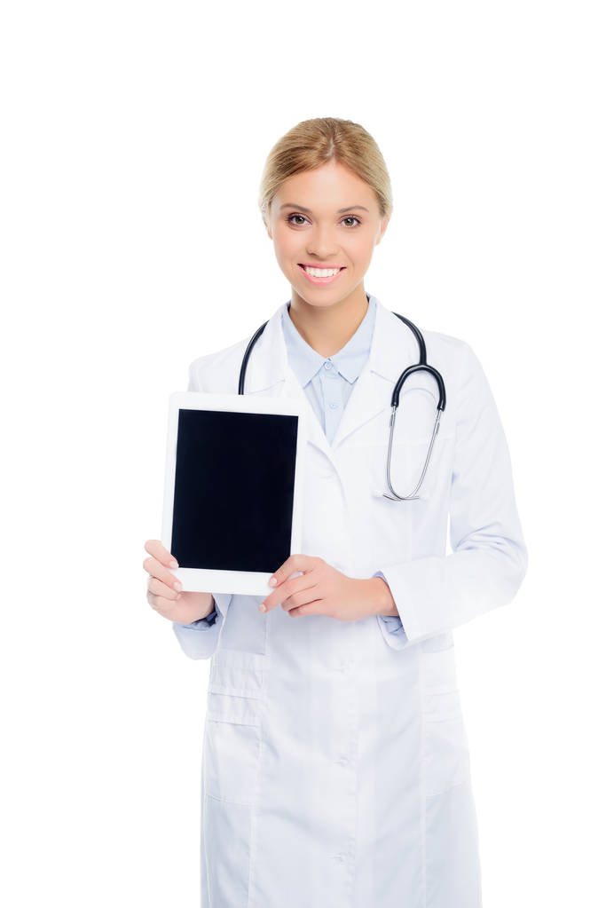 medico con compressa con schermo bianco
 - Foto, immagini