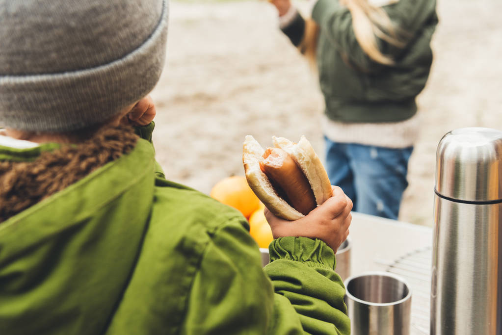 chico sosteniendo hot dog al aire libre
 - Foto, imagen
