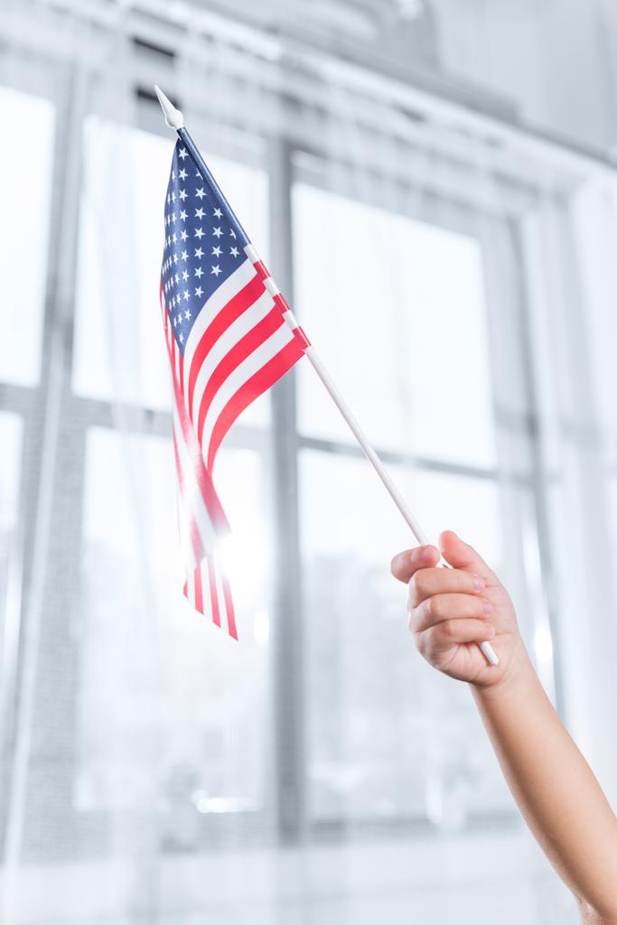 το παιδί κρατώντας την σημαία των ΗΠΑ - Φωτογραφία, εικόνα