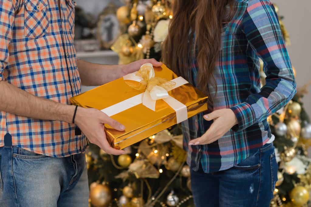 男を与えるプレゼント ギフト ボックス女性クリスマス休日の幸せカップル飾られた松の木の近く - 写真・画像