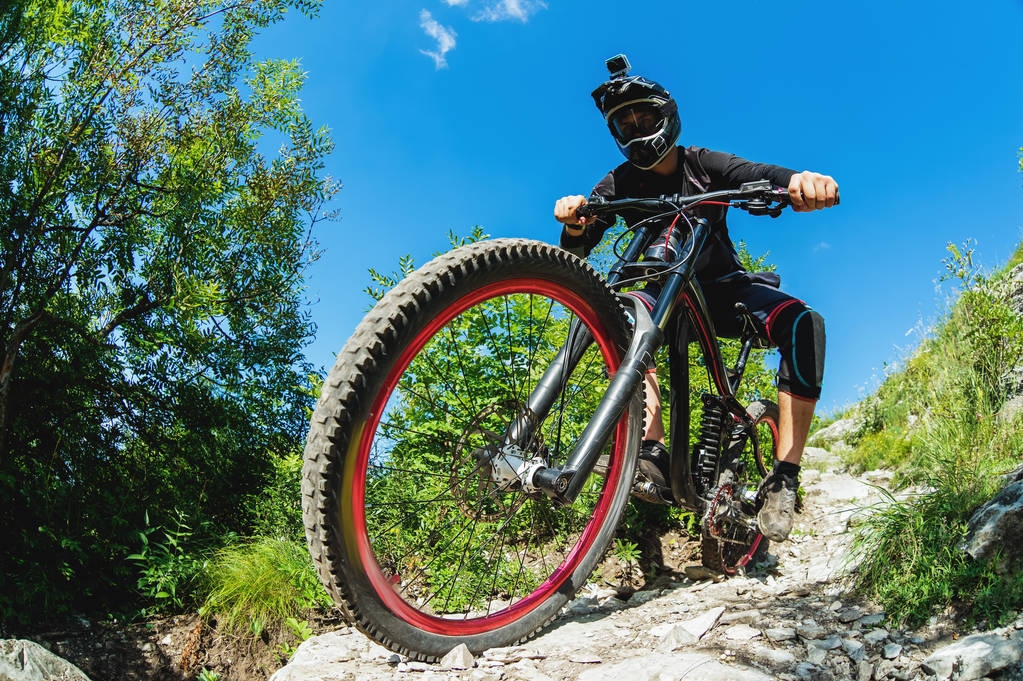 Sport. Un ciclista in bicicletta con una mountain bike nel bosco
 - Foto, immagini