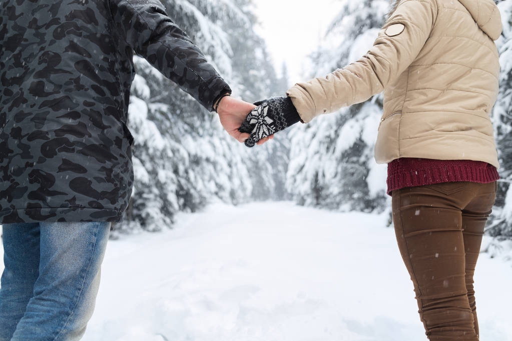 Genç çift erkek ve kadın elleri arkadan görünüm Holding kar ormanda açık yürüyüş - Fotoğraf, Görsel