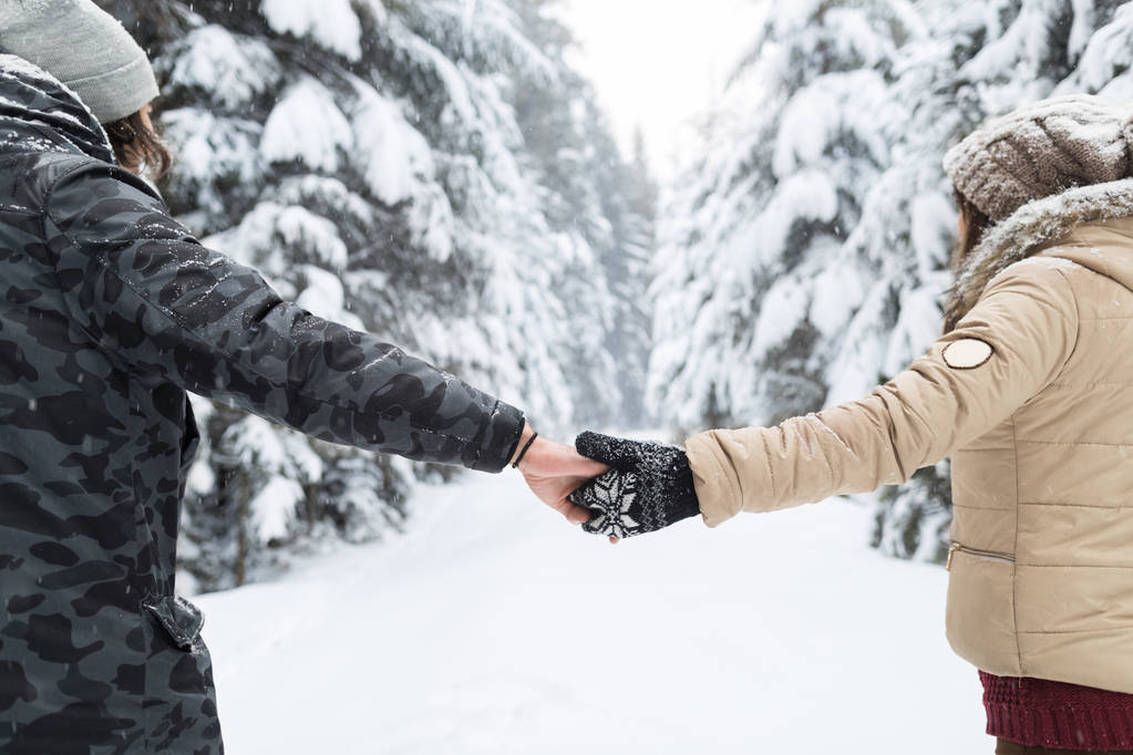 Fiatal pár séta hóban erdőben kültéri férfi és nő tartja kezében hátsó nézet - Fotó, kép