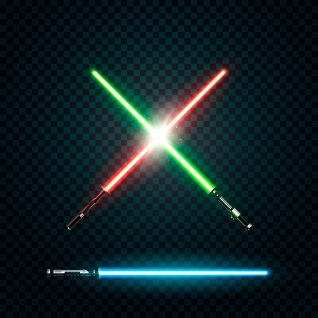 Set of realistic light swords. Crossed sabers. Vector illustration isolated on dark background - Vector, Image
