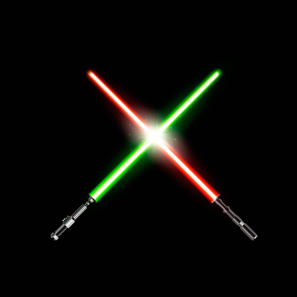zwei realistische Lichtschwerter. gekreuzte grüne und rote Lichtschwerter. Vektor-Illustration isoliert auf dunklem Hintergrund - Vektor, Bild