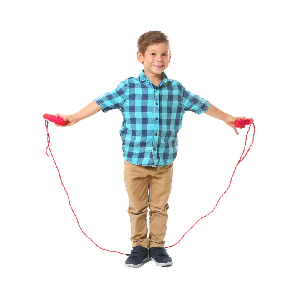 Adorable garçon sautant corde, isolé sur blanc
 - Photo, image