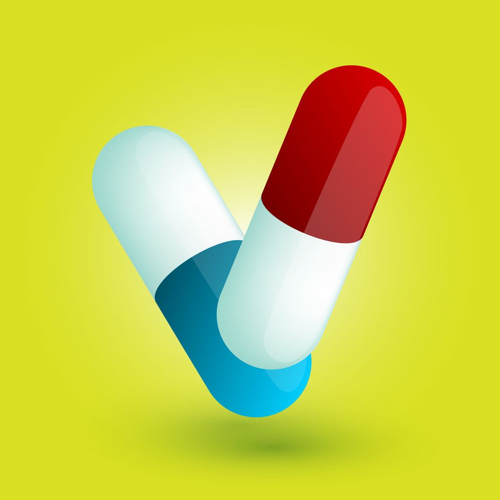 Φάρμακο: δύο χάπια σε κόκκινο και μπλε. Vector εικονογράφηση - Διάνυσμα, εικόνα
