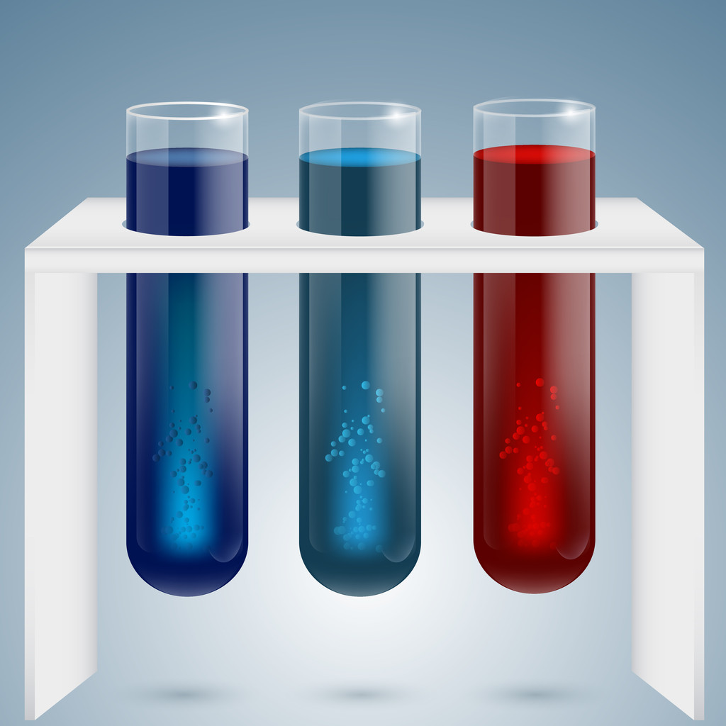 Three test tubes with magical colorful sparkling and bubbling liquid - Vektör, Görsel