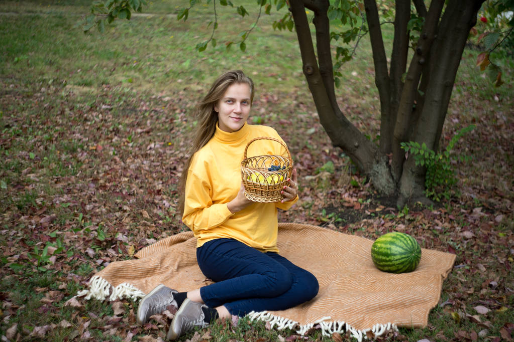 tyttö syksyllä piknik
 - Valokuva, kuva