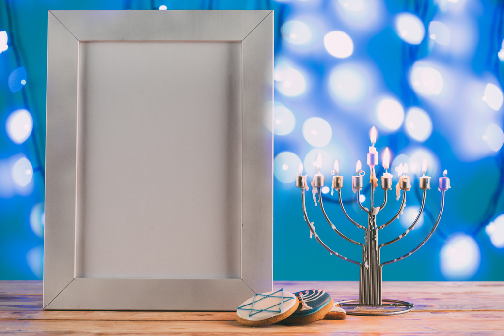 menorah and frame with copy space for hanukkah - Photo, Image