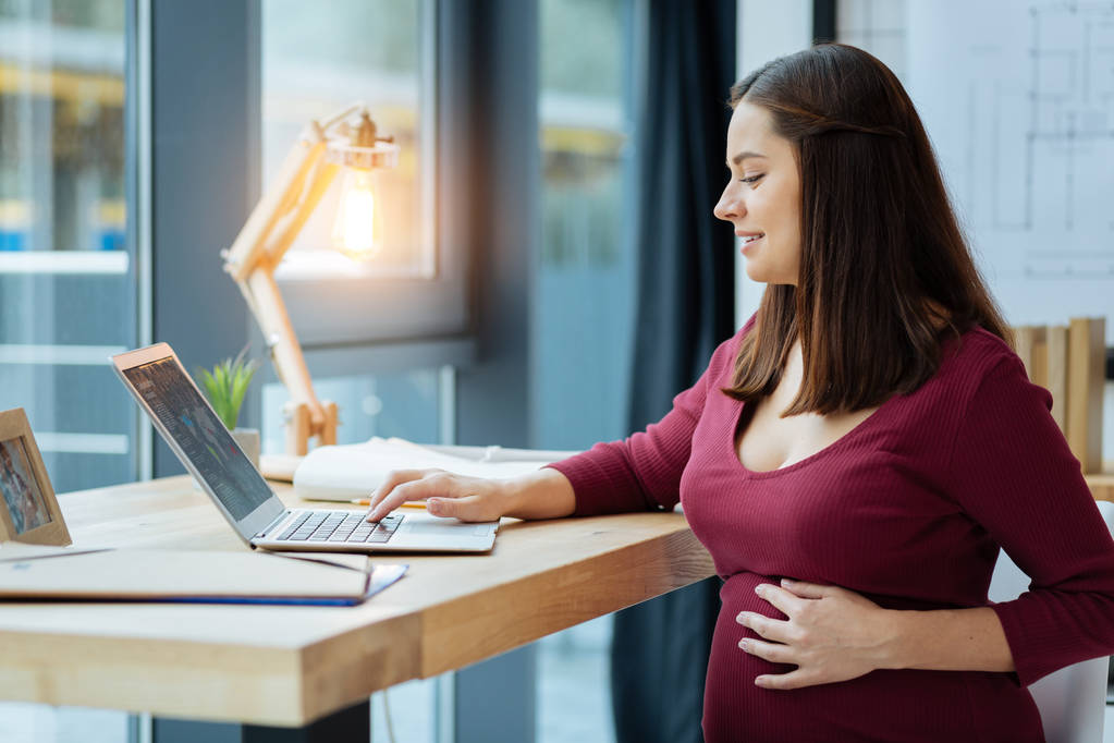 Femme enceinte concentrée avec un ordinateur portable
 - Photo, image