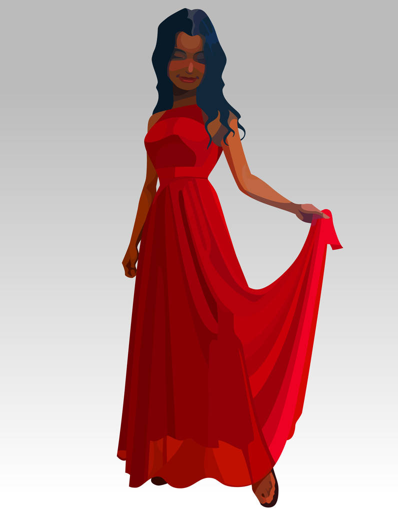 мультяшна красива жінка в довгій червоній сукні
 - Вектор, зображення