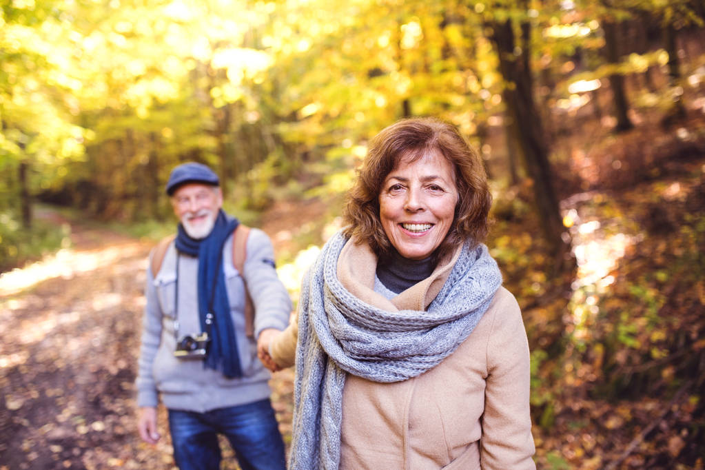 Vedoucí pár na procházku v podzimním lese. - Fotografie, Obrázek