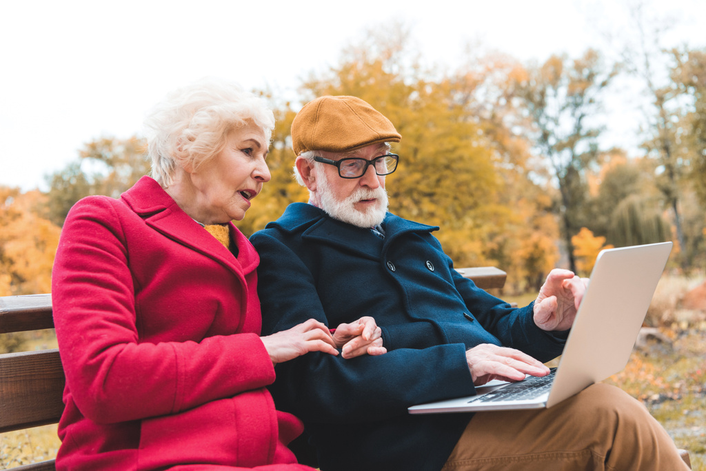 senior couple using laptop in park - Photo, Image