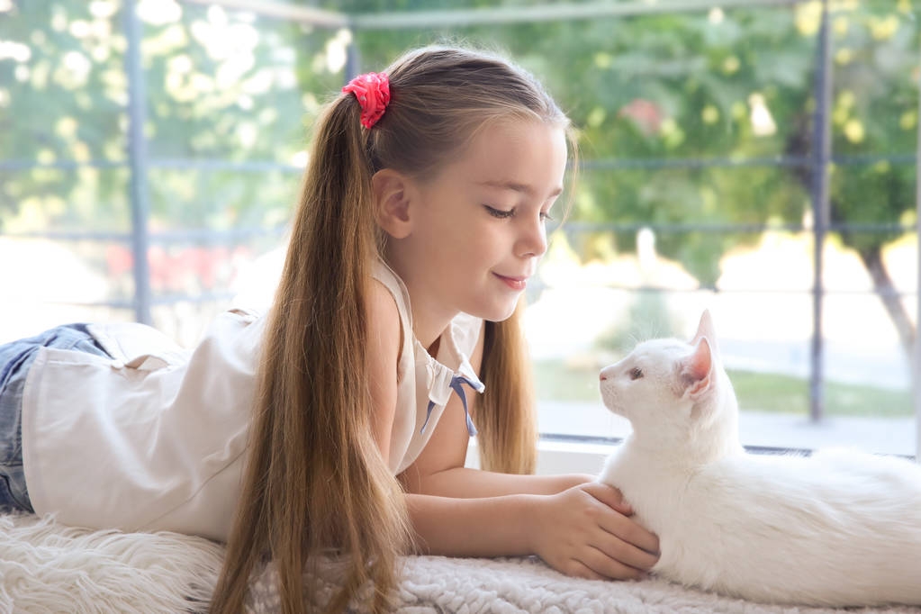 Маленька дівчинка і білий кіт лежать на підвіконні в приміщенні
 - Фото, зображення